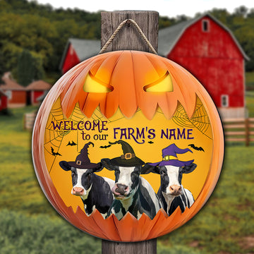 Joycorners Holstein Welcome To Our Farm Pumpkin Pattern Happy Halloween Wooden Sign