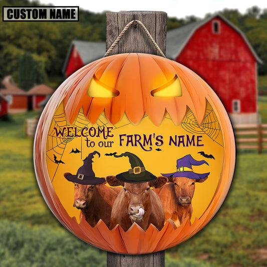 Joycorners Red Angus Welcome To Our Farm Pumpkin Pattern Happy Halloween Wooden Sign