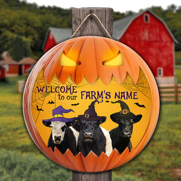 Joycorners Belted Galloway Welcome To Our Farm Pumpkin Pattern Happy Halloween Wooden Sign