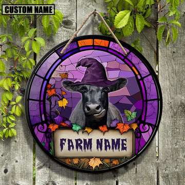 Joycorners Black Angus Stained Glass Effect Personalized Name Happy Halloween Wooden Sign