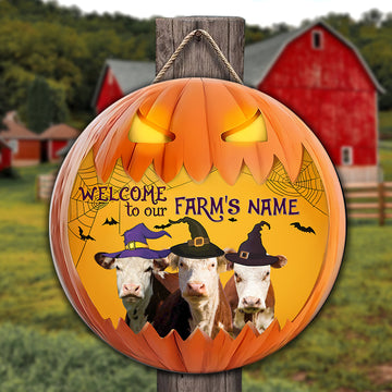 Joycorners Hereford Welcome To Our Farm Pumpkin Pattern Happy Halloween Wooden Sign