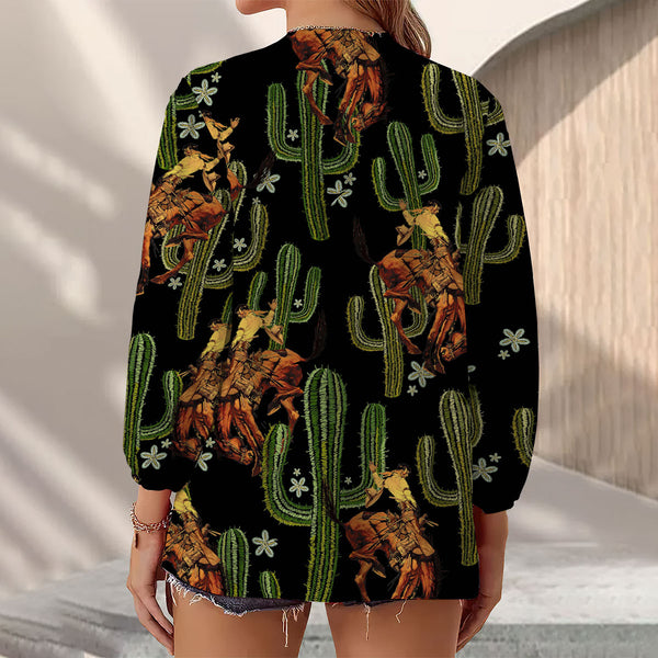 Joycorners Cowboy And Cactus All Over Printed 3D Casual V Neckline Long Sleeve Blouses