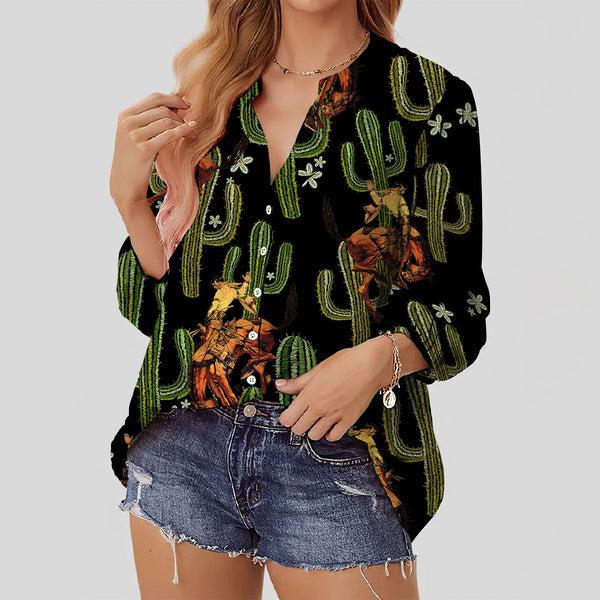 Joycorners Cowboy And Cactus All Over Printed 3D Casual V Neckline Long Sleeve Blouses