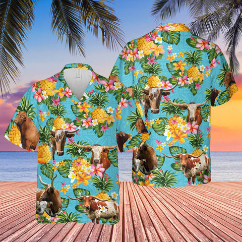 Joycorners Pineapple Hawaiian Theme For TX LONGHORN Cattle Lovers All 3D Printed Hawaiian shirt
