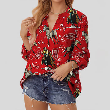 Joycorners Cowgirl and Horse Red All Over Printed 3D Casual V Neckline Long Sleeve Blouses
