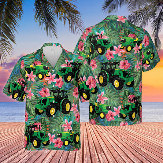 Joycorners Tractors Tropical Plants Flower Green All Over Printed 3D Hawaiian Shirt