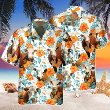 Joycorners Custom Name Hereford Cow Hibiscus Flowers All 3D Printed Hawaiian shirt