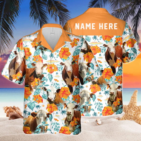 Joycorners Custom Name Hereford Cow Hibiscus Flowers All 3D Printed Hawaiian shirt