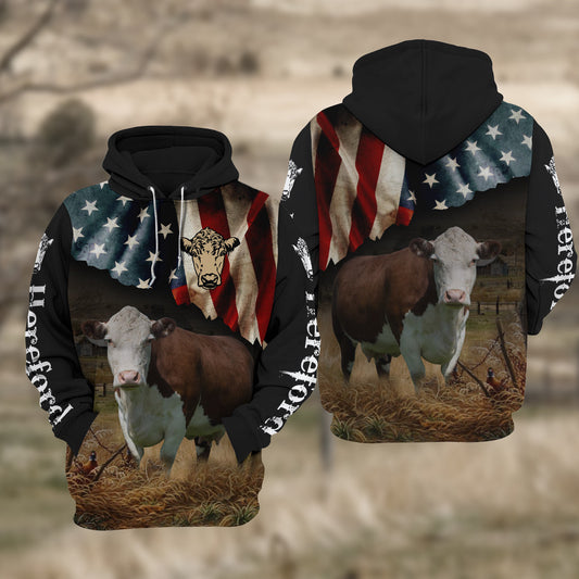 Joycorners Hereford Cattle US Flag All Over Printed 3D Hoodie TT