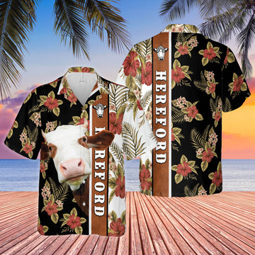 Joycorners Hibiscus Flowers Hereford Cattle Brown All Over Printed 3D Hawaiian Shirt