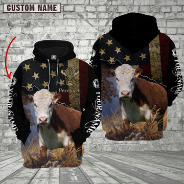 Joycorners Personalized Name Hereford Cattle US Flag All Over Printed 3D Hoodie