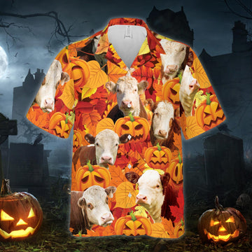 Joycorners Autumn Leaf Hereford Cattle Pumpkin All Printed 3D Hawaiian Shirt