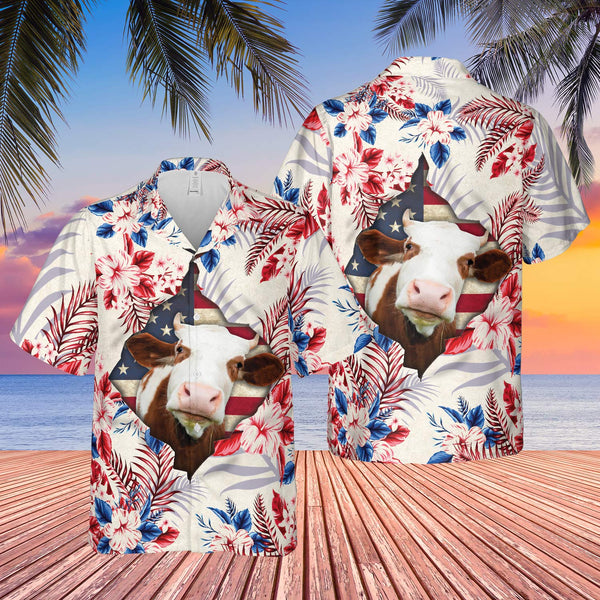 Joycorners Hereford Face Hibiscus Flower All Over Printed 3D Hawaiian Shirt