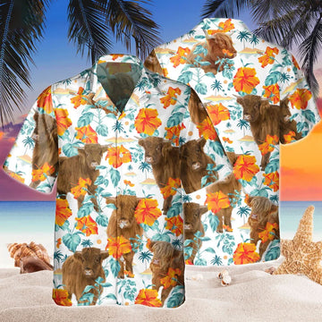 Joycorners Custom Name Highland Cow Hibiscus Flowers All 3D Printed Hawaiian shirt