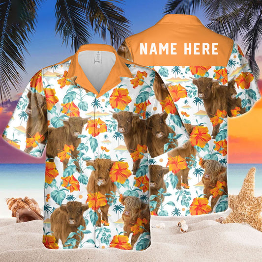 Joycorners Custom Name Highland Cow Hibiscus Flowers All 3D Printed Hawaiian shirt