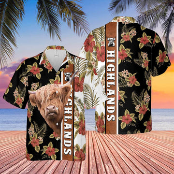 Joycorners Hibiscus Flowers Highlands Cattle Brown All Over Printed 3D Hawaiian Shirt
