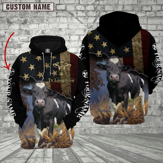 Joycorners Personalized Name Holstein Cattle US Flag All Over Printed 3D Hoodie