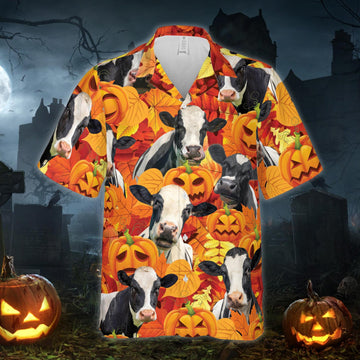 Joycorners Autumn Leaf Holstein Cattle Pumpkin All Printed 3D Hawaiian Shirt