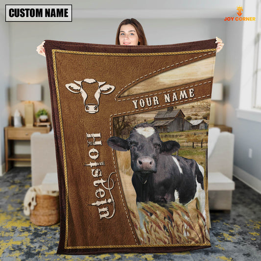 Joycorners Personalized Name Holstein Farm Leather Brown Blanket