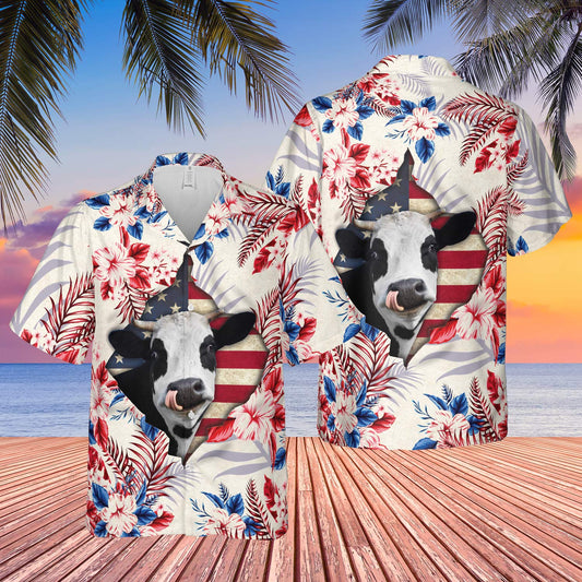 Joycorners Holstein Face Hibiscus Flower All Over Printed 3D Hawaiian Shirt