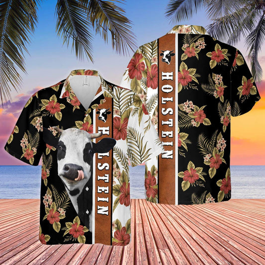 Joycorners Hibiscus Flowers Holstein Cattle Brown All Over Printed 3D Hawaiian Shirt