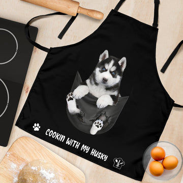 Joycorners Husky In The Pocket Black All Over Printed 3D Apron