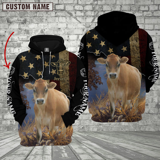 Joycorners Personalized Name Jersey Cattle US Flag All Over Printed 3D Hoodie