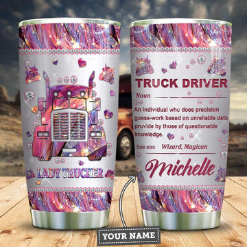 Joy corners Lady Trucker Pink Metal Style Personalized KD2 Custom Personalized Tumbler XH54974