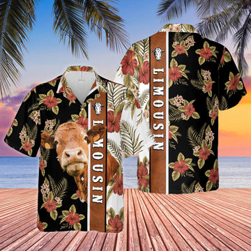 Joycorners Hibiscus Flowers Limousin Cattle Brown All Over Printed 3D Hawaiian Shirt