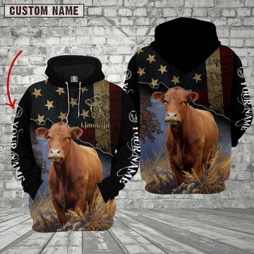 Joycorners Personalized Name Limousin Cattle US Flag All Over Printed 3D Hoodie