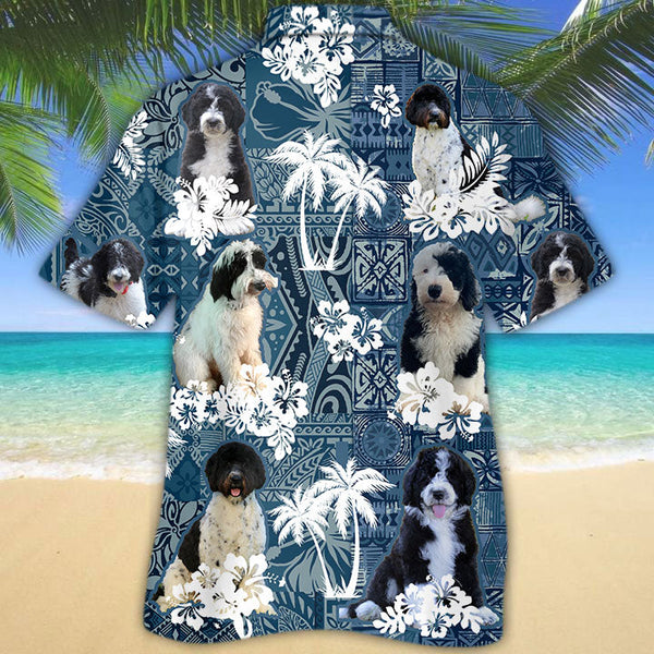 Joycorners Goldendoodle Hawaiian Tropical Plants Pattern Blue And White All Over Printed 3D Hawaiian Shirt