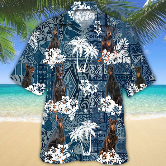 Joycorners Doberman Hawaiian Tropical Plants Pattern Blue And White All Over Printed 3D Hawaiian Shirt