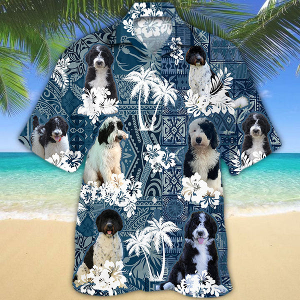Joycorners Goldendoodle Hawaiian Tropical Plants Pattern Blue And White All Over Printed 3D Hawaiian Shirt