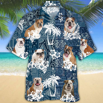 Joycorners English Bulldog Hawaiian Tropical Plants Pattern Blue And White All Over Printed 3D Hawaiian Shirt