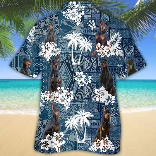 Joycorners Doberman Hawaiian Tropical Plants Pattern Blue And White All Over Printed 3D Hawaiian Shirt