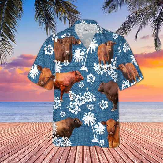 Joycorners RED ANGUS Cattle Blue Tribal All Over Printed 3D Hawaiian Shirt