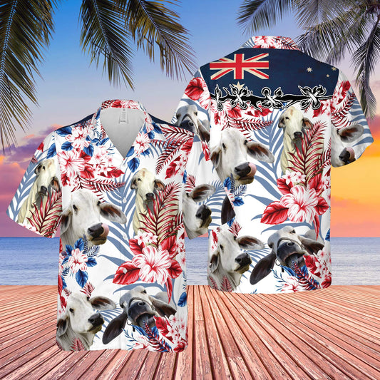 Joycorners Brahman Cattle Australia Flag Hawaiian Flowers All Over Printed 3D Hawaiian Shirt