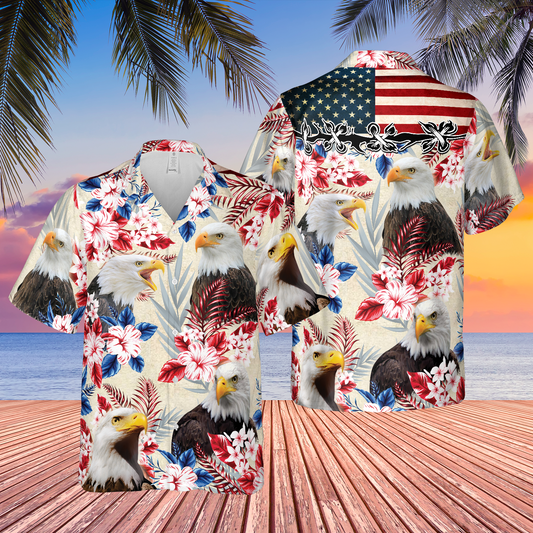 Joycorners Eagle Lover American Flag Hawaiian Flowers All Over Printed 3D Hawaiian Shirt