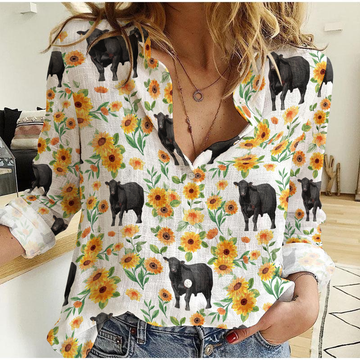 Joycorners Sunflower Pattern Black Angus Cattle Casual Shirt