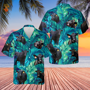 Joycorners Black Angus Tropical Hawaiian Palm Leaves All Over Printed 3D Hawaiian Shirt