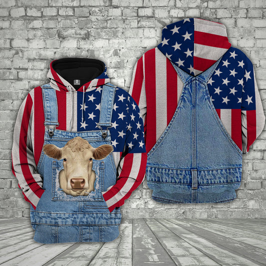 Joycorners Charolais Cattle US Flag Farm Personalized 3D Hoodie