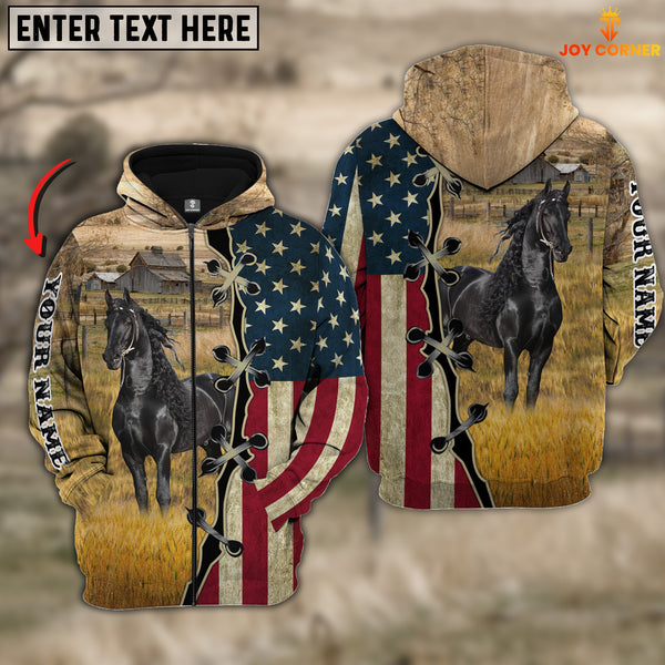 Joycorners Black Horse On Farms Custom Name American Flag 3D Shirt