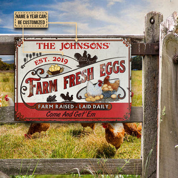 Joycorners Personalized Chicken Farm Fresh Eggs Red White All Printed 3D Metal Sign