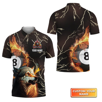 Joycorners Wolf On Fire Billiard Pool 8 Balls Personalized Name 3D Polo Shirt Gift For Billiard Players