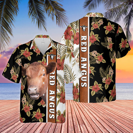 Joycorners Hibiscus Flowers Red Angus Cattle Brown All Over Printed 3D Hawaiian Shirt