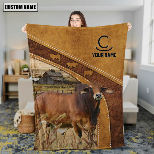 Joycorners Personalized Name Red Brahman In Field Farmhouse Blanket