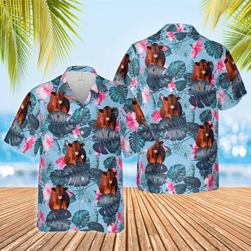 Joycorners Red Angus Blue Hibiscus Hawaiian Shirt