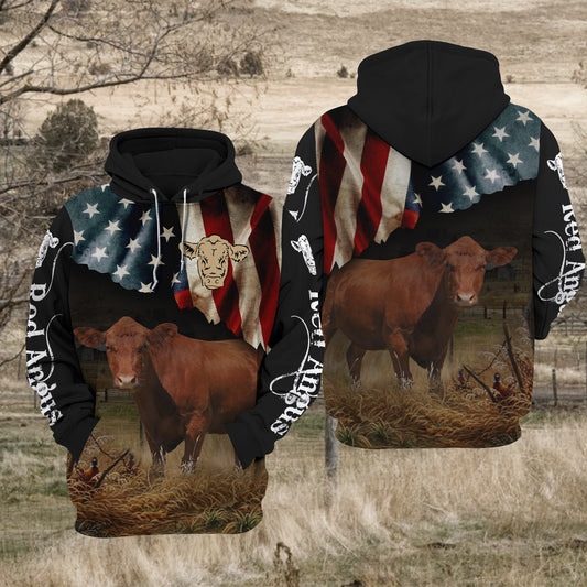 Joycorners Red Angus Cattle US Flag All Over Printed 3D Hoodie TT