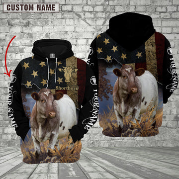 Joycorners Personalized Name Shorthorn Cattle US Flag All Over Printed 3D Hoodie