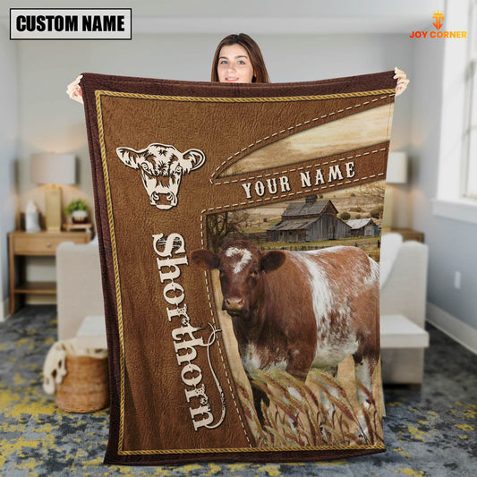 Joycorners Personalized Name Shorthorn Farm Leather Brown Blanket